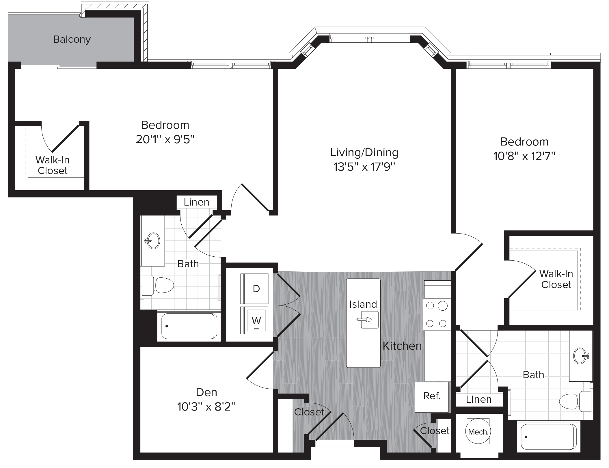 Floor plan for 2 beds, 2 baths, 1167 sqft