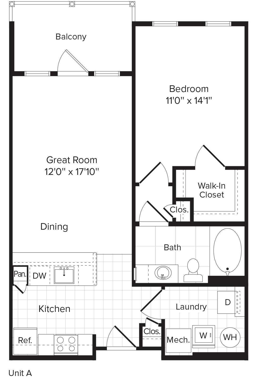 Floor plan for 1 bed, 1 bath, 702 sqft