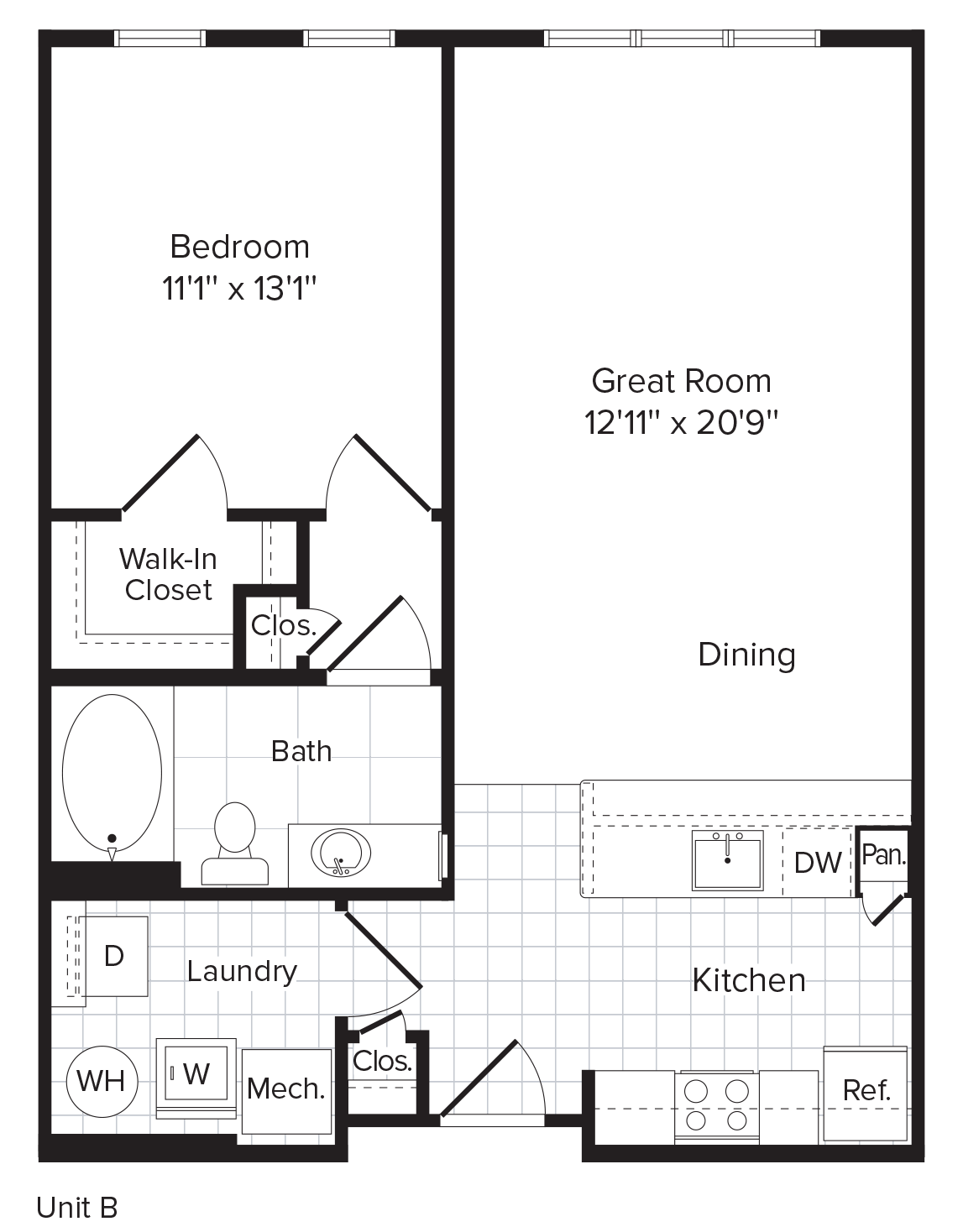 Floor plan for 1 bed, 1 bath, 748 sqft