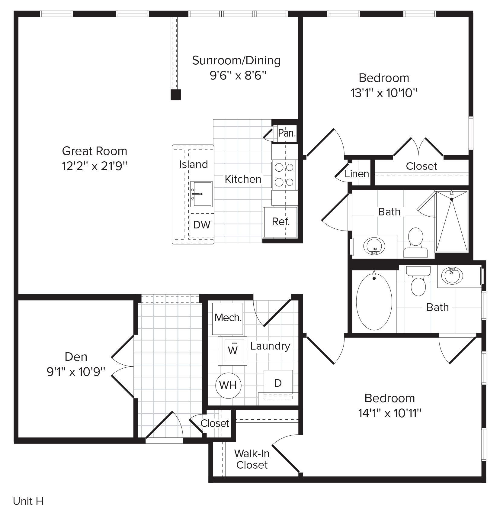 Floor plan for 2 beds, 2 baths, 1286 sqft