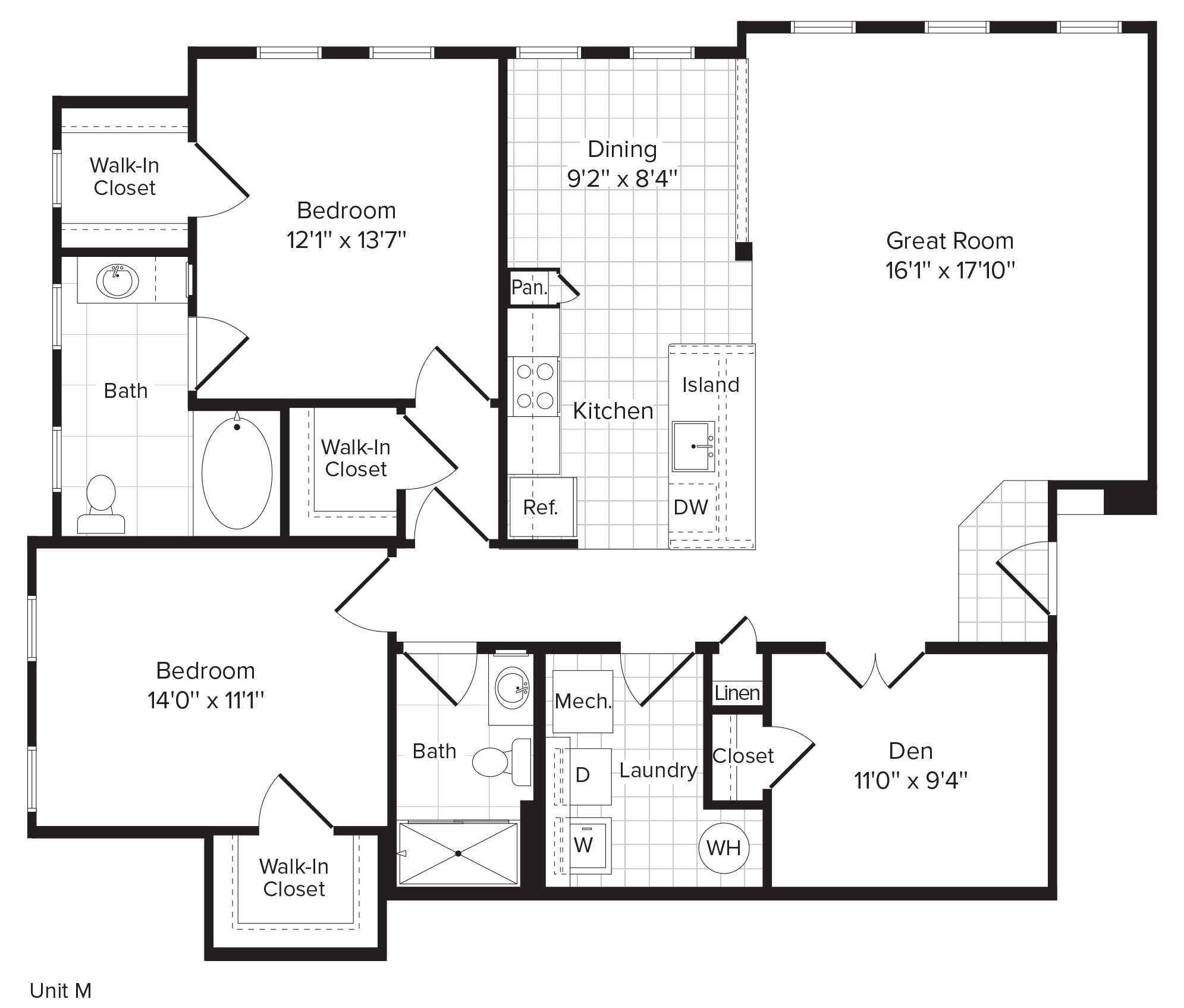 Floor plan for 2 beds, 2 baths, 1386 sqft