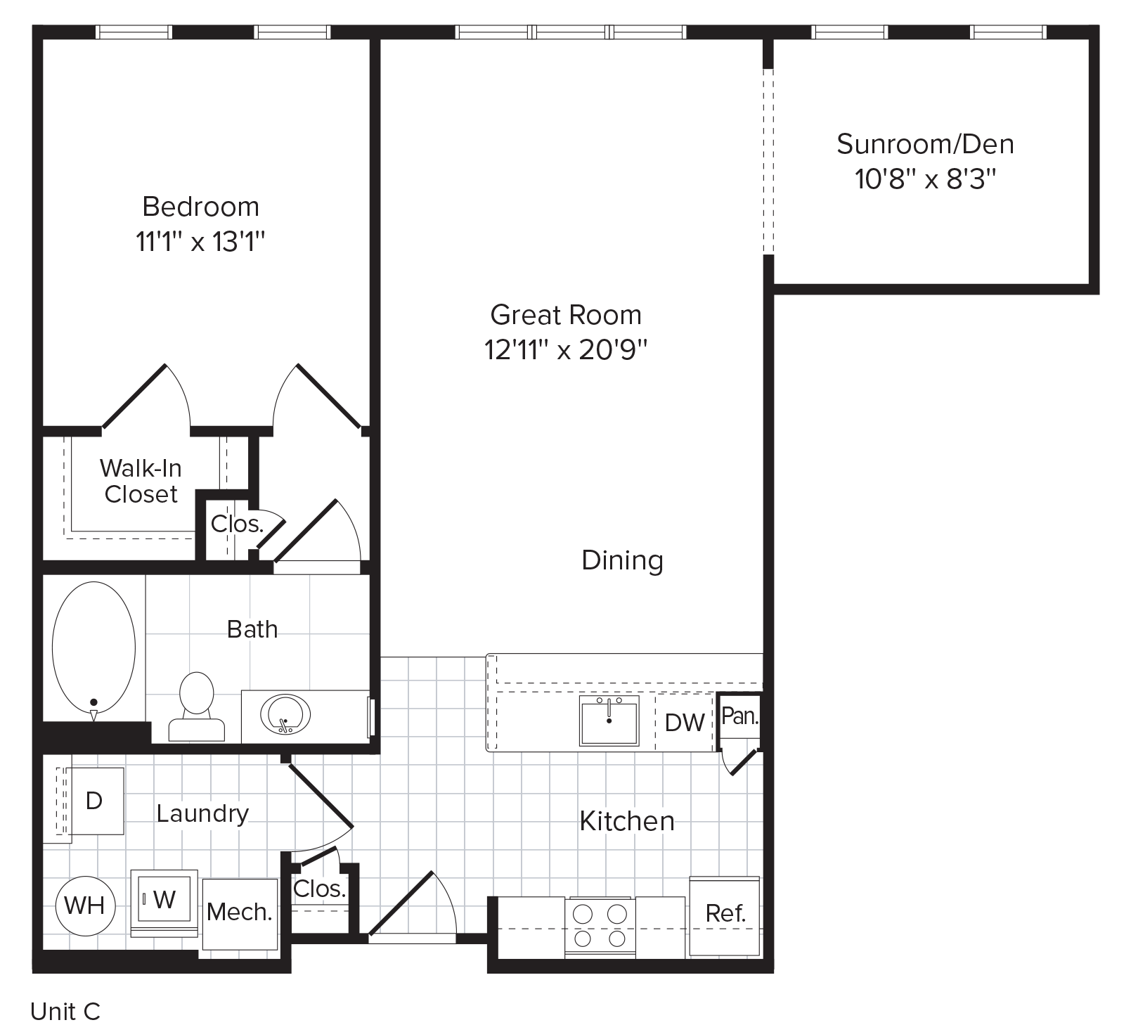 Floor plan for 1 bed, 1 bath, 839 sqft