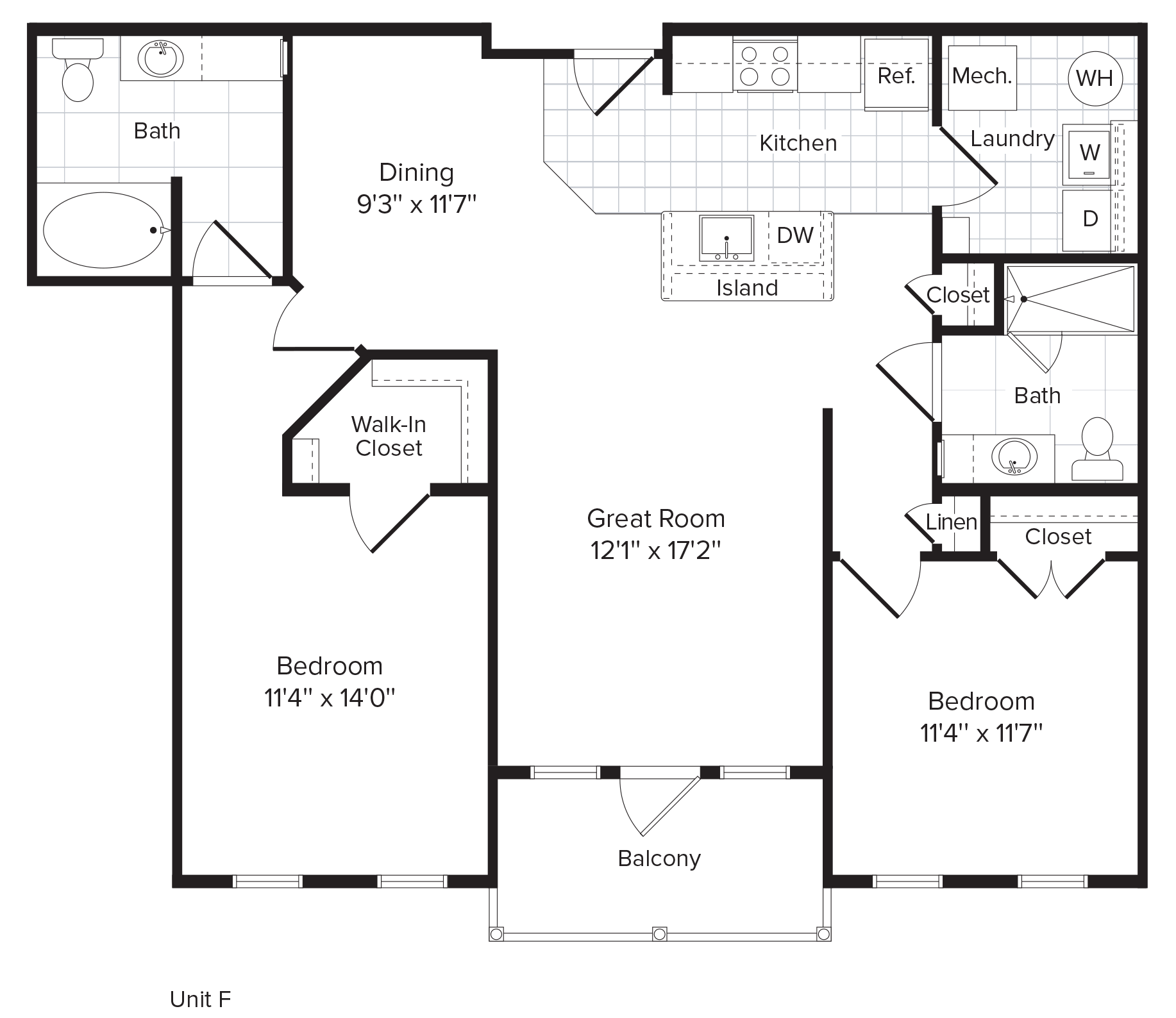 Floor plan for 2 beds, 2 baths, 1086 sqft