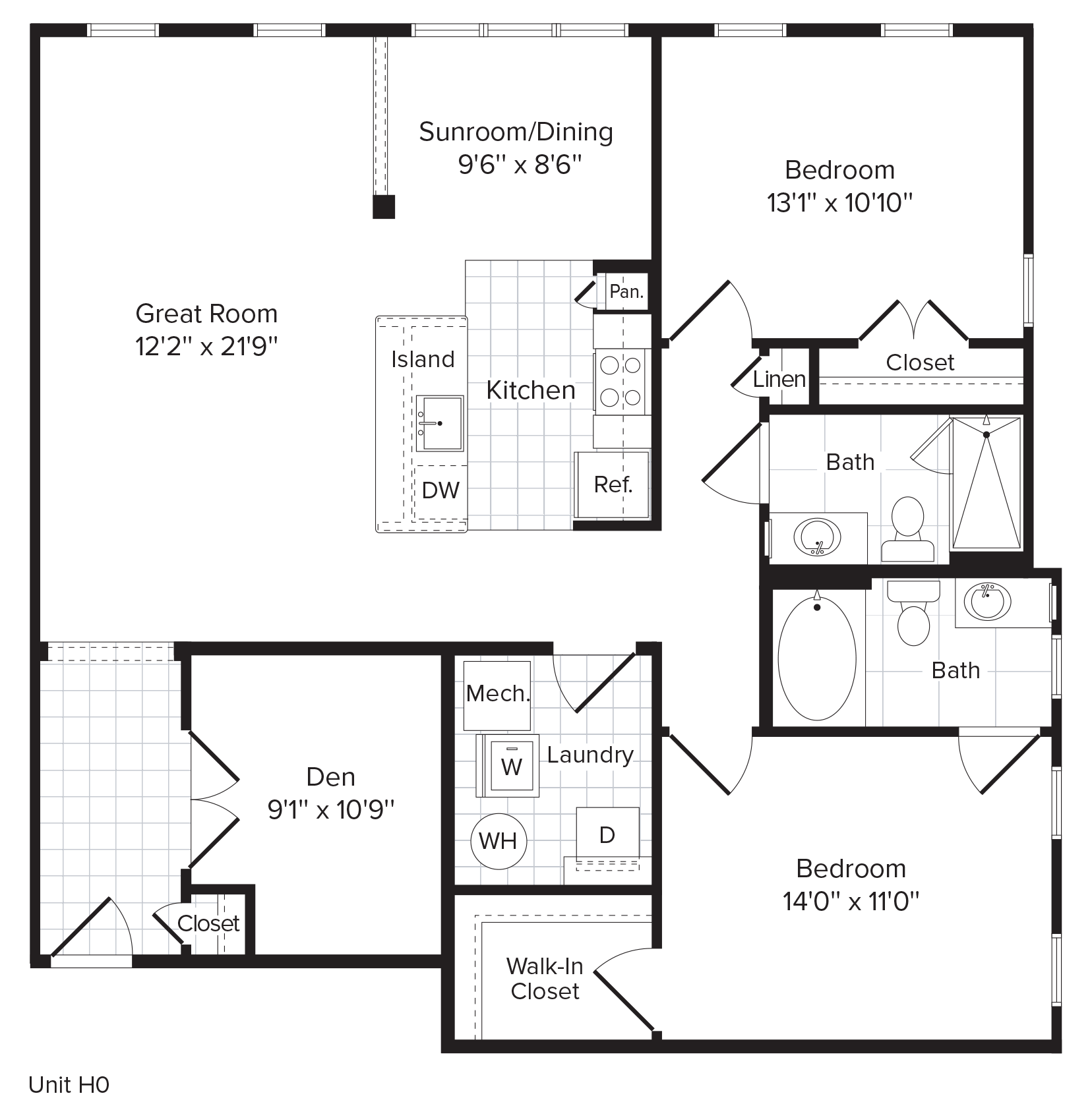 Floor plan for 2 beds, 2 baths, 1248 sqft