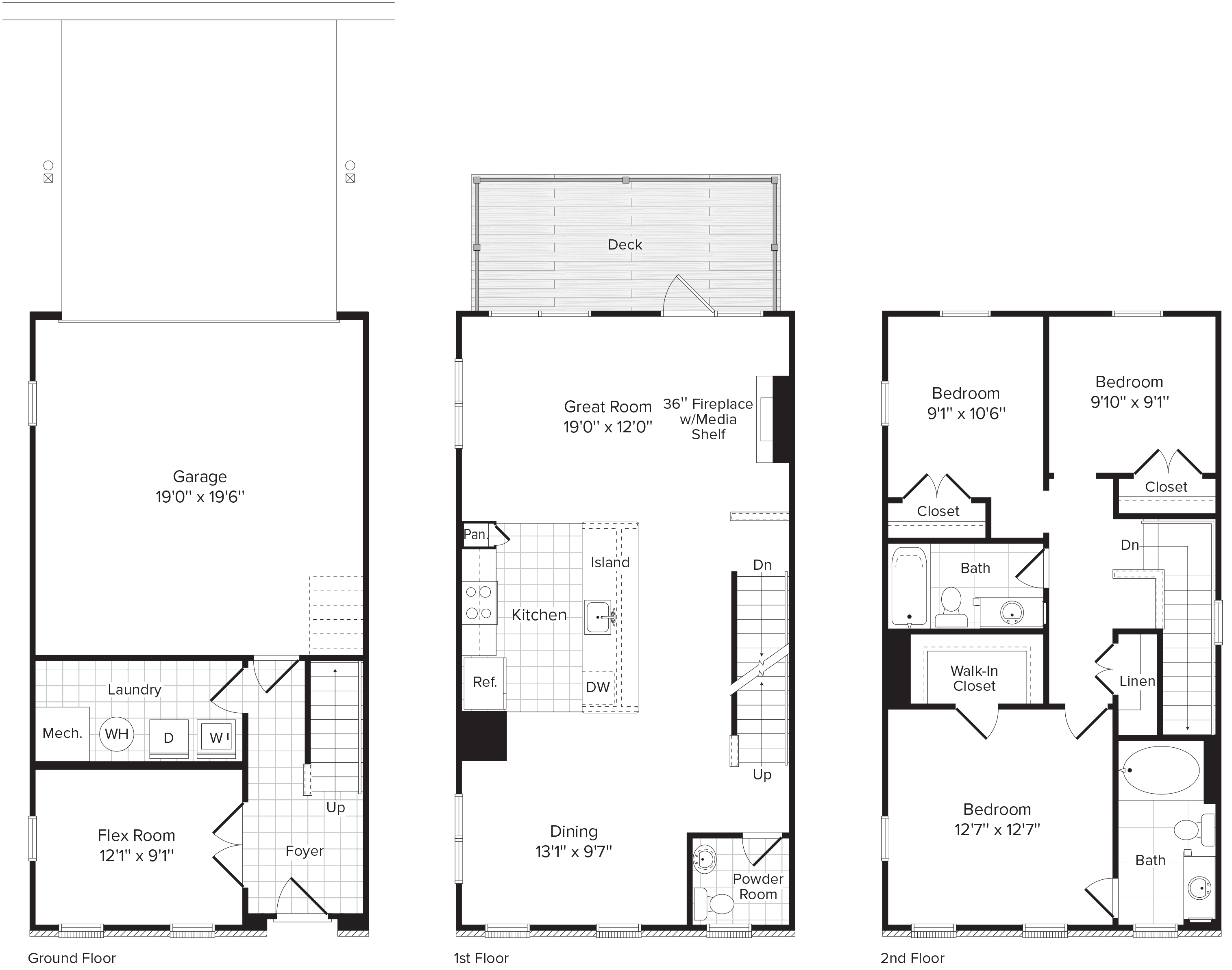 Floor plan for 3 beds, 2.5 baths, 1598 sqft