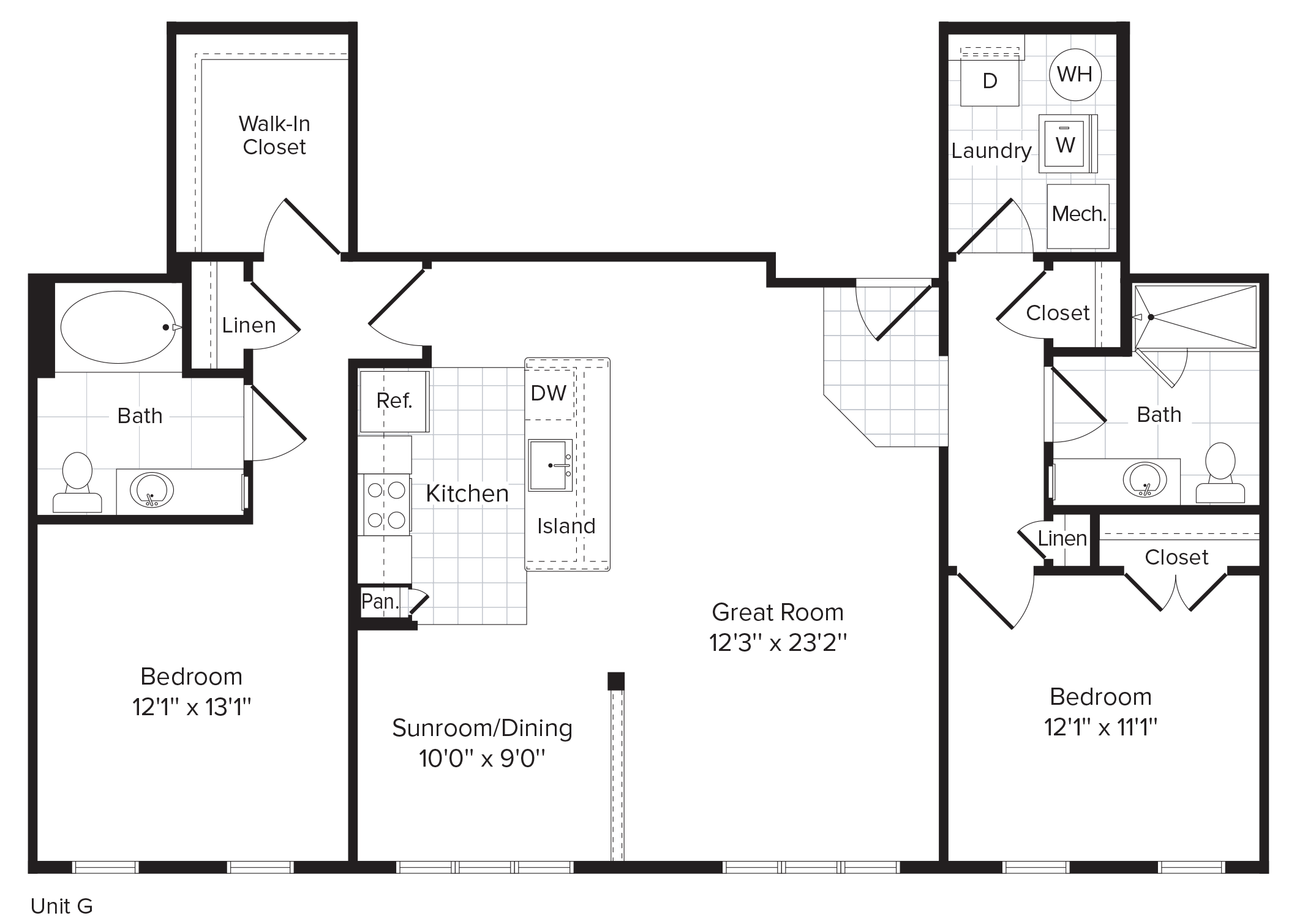 Floor plan for 2 beds, 2 baths, 1201 sqft