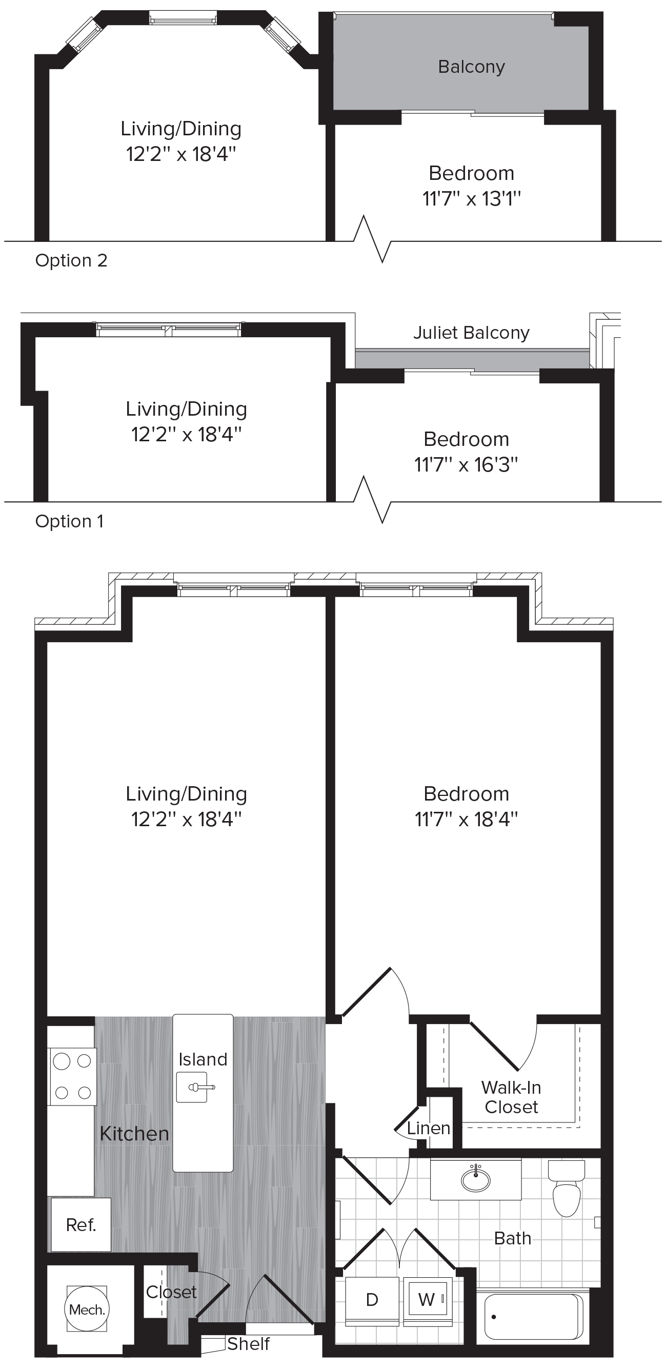 Floor plan for 1 bed, 1 bath, 720 sqft