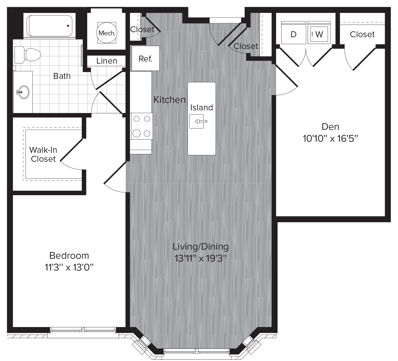 Floor plan for 1 bed, 1 bath, 958 sqft