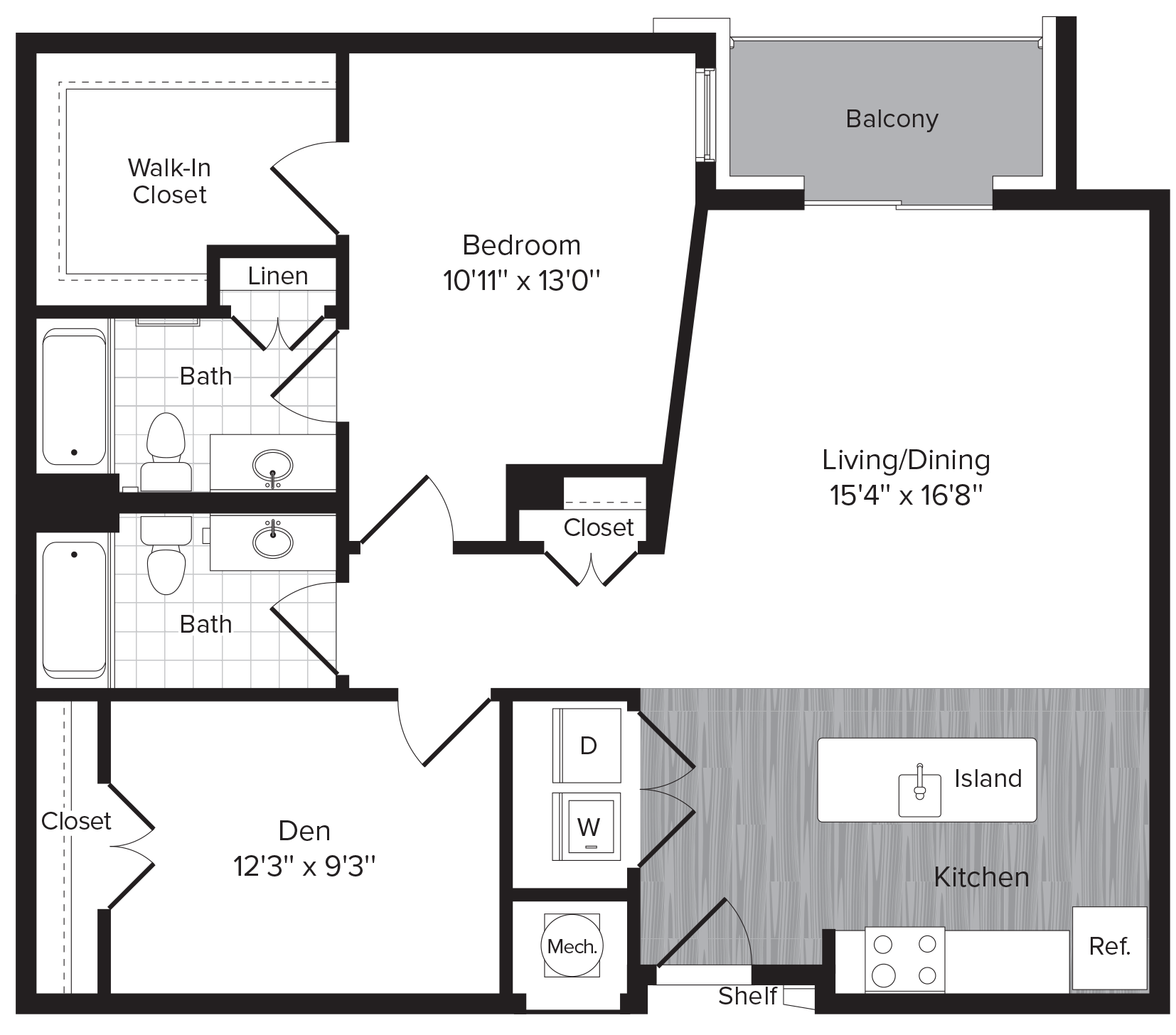 Floor plan for 1 bed, 1 bath, 979 sqft
