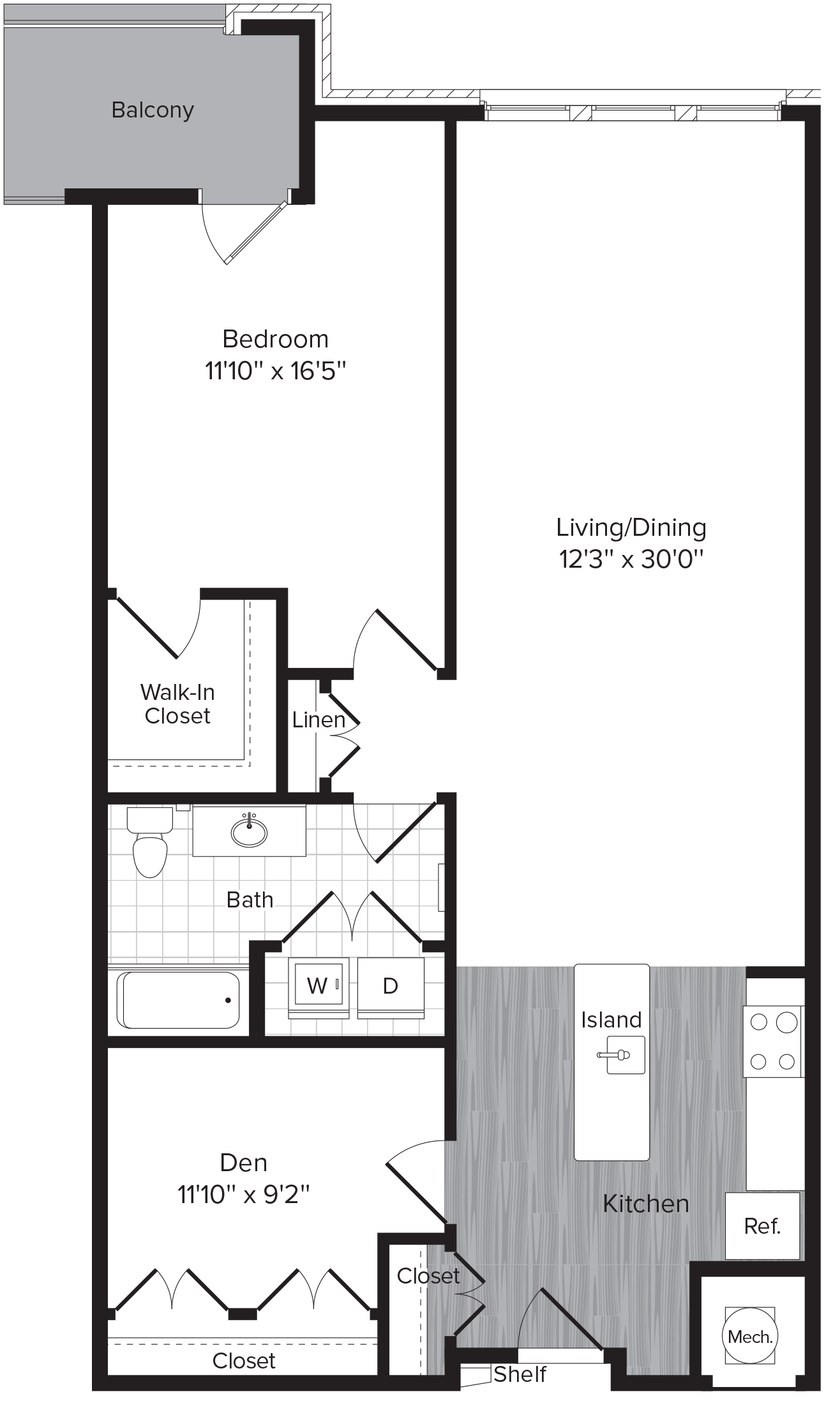 Floor plan for 1 bed, 1 bath, 1069 sqft