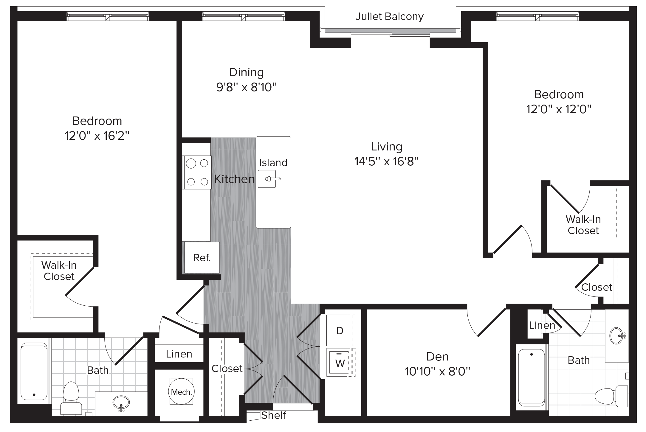 Floor plan for 2 beds, 2 baths, 1360 sqft