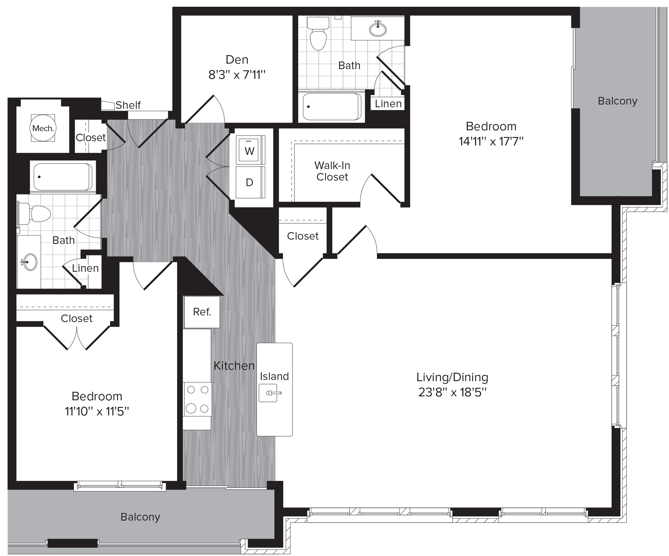 Floor plan for 2 beds, 2 baths, 1451 sqft