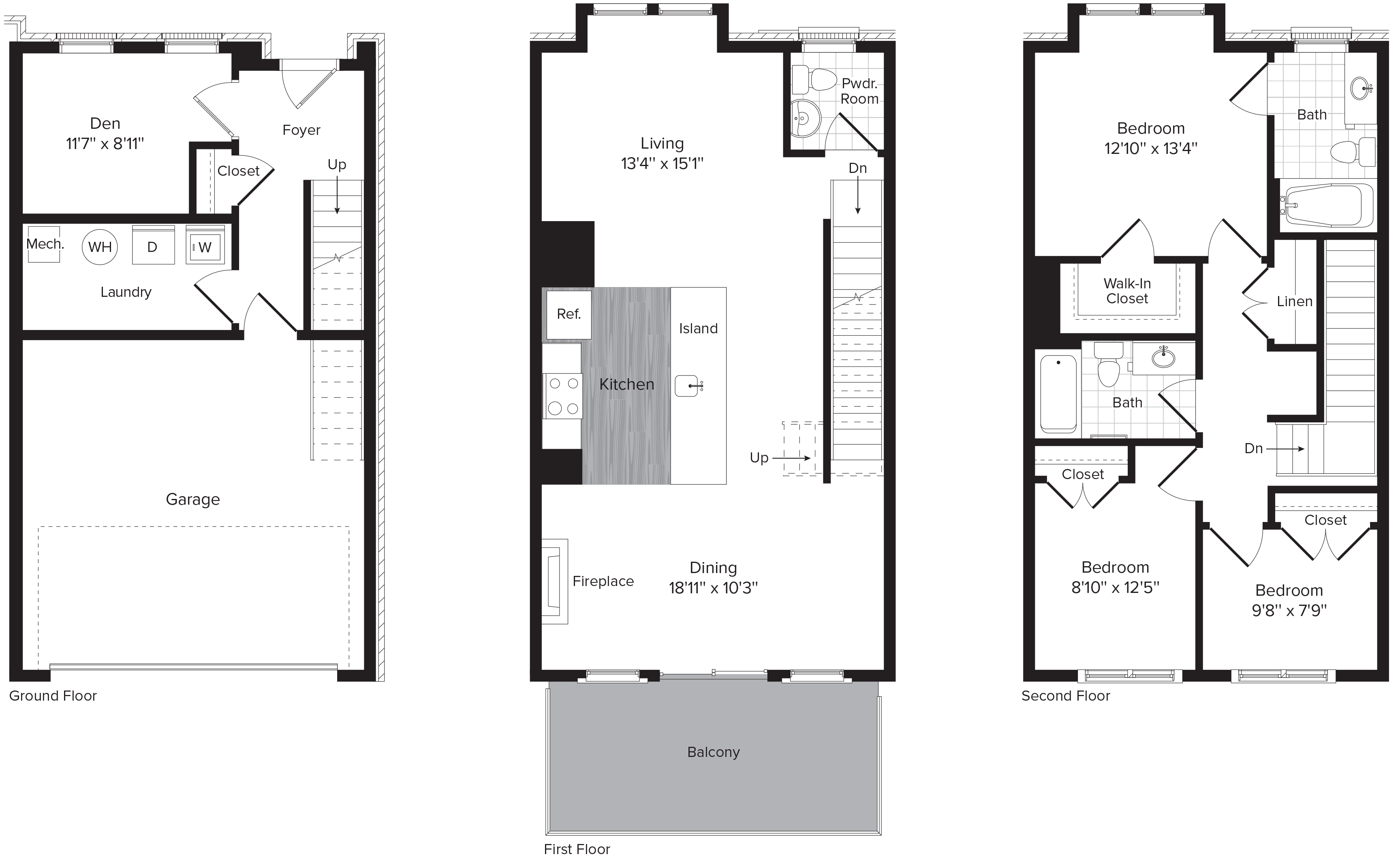 Floor plan for 3 beds, 2.5 baths, 1628 sqft