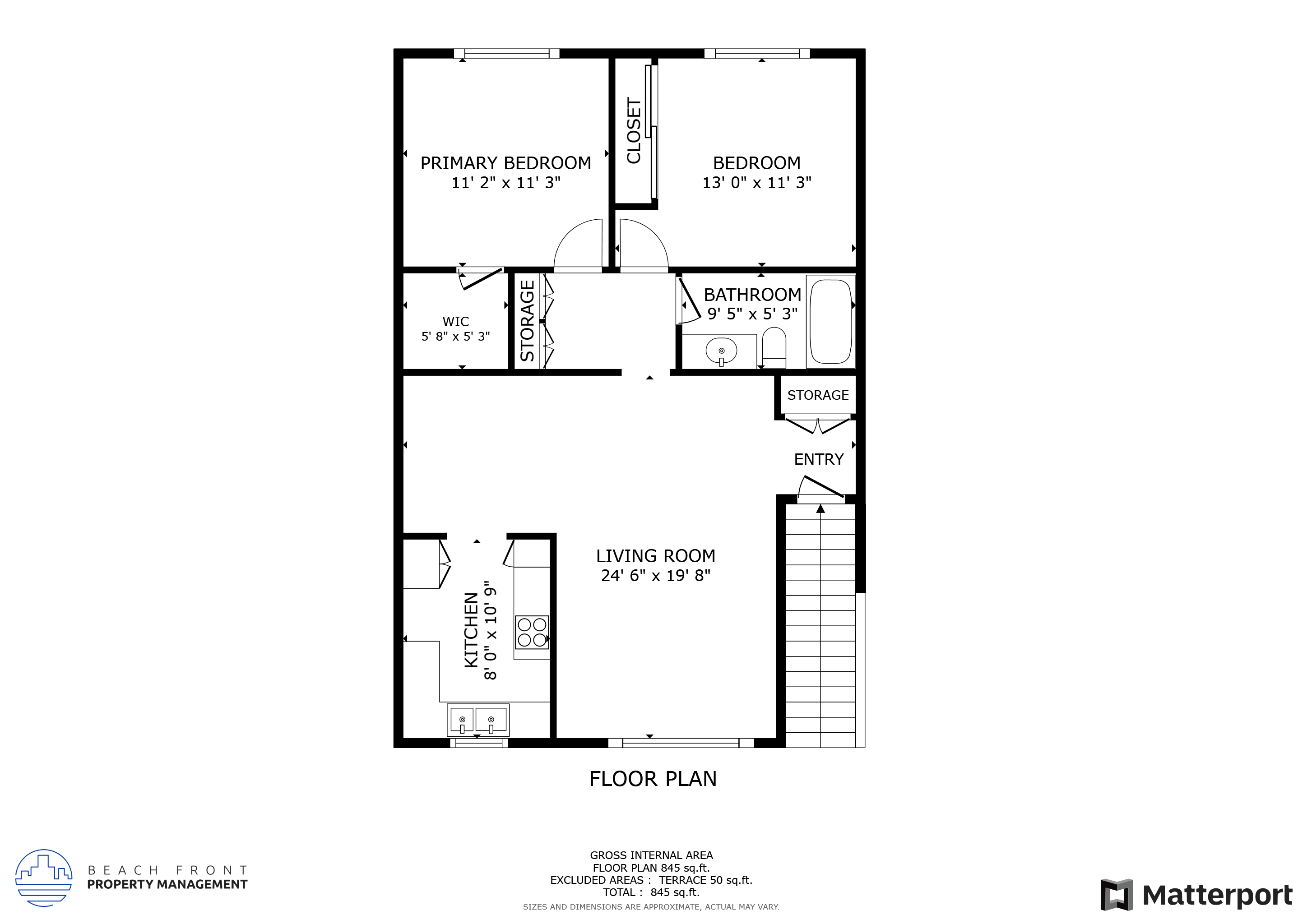 Floor plan for 2 beds, 1 bath