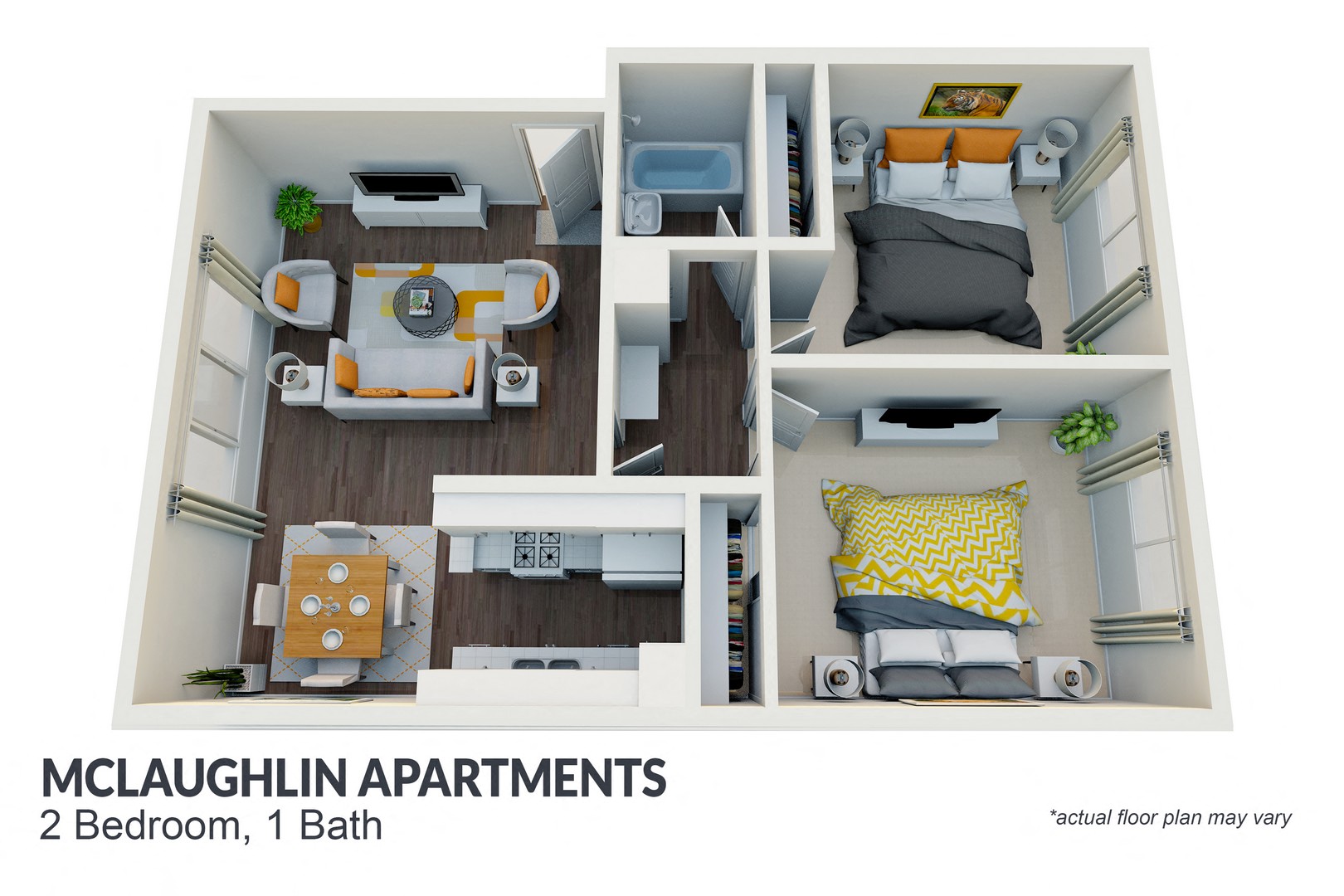 Floor plan for 2 beds, 1 bath, 1000 sqft