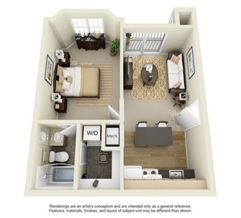 Floor plan for 1 bed, 1 bath, 510 sqft