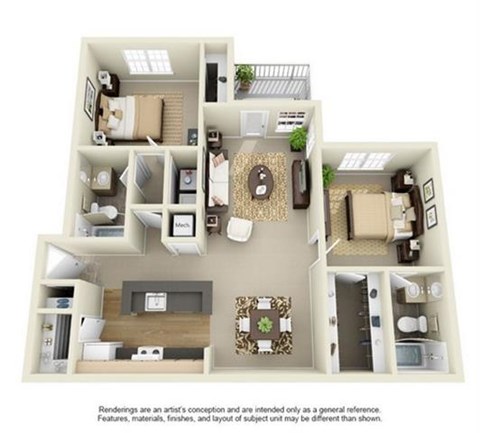 Floor plan for 2 beds, 2 baths, 1107 sqft