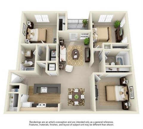 Floor plan for 3 beds, 2 baths, 1273 sqft