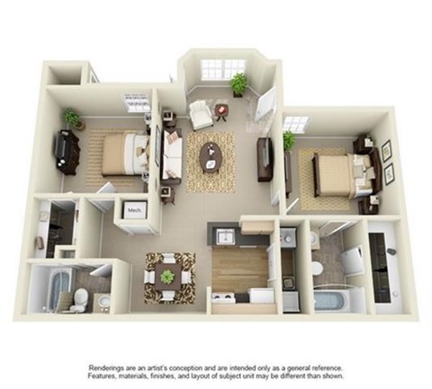 Floor plan for 2 beds, 2 baths, 915 sqft