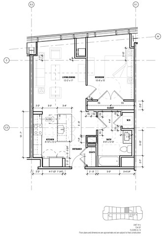 Floor plan for 1 bed, 1 bath, 734 sqft