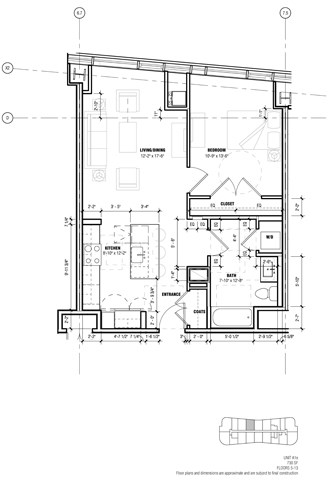 Floor plan for 1 bed, 1 bath, 730 sqft