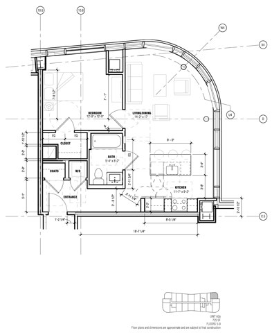 Floor plan for 1 bed, 1 bath, 725 sqft