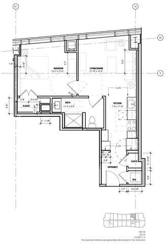 Floor plan for 1 bed, 1 bath, 650 sqft