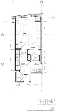 Floor plan for studio, 1 bath, 490 sqft