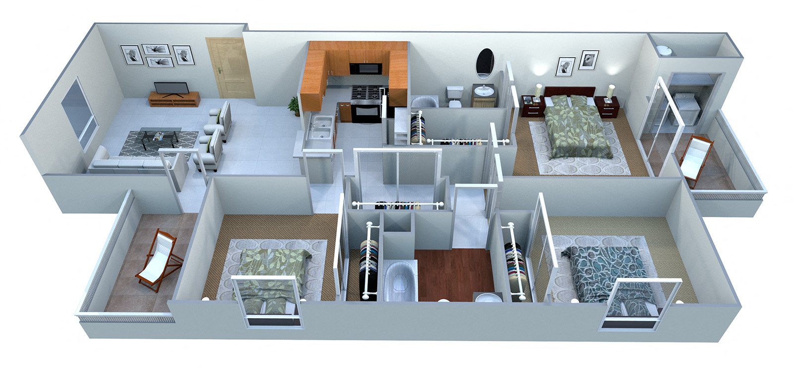 Floor plan for 3 beds, 2 baths, 1110 sqft