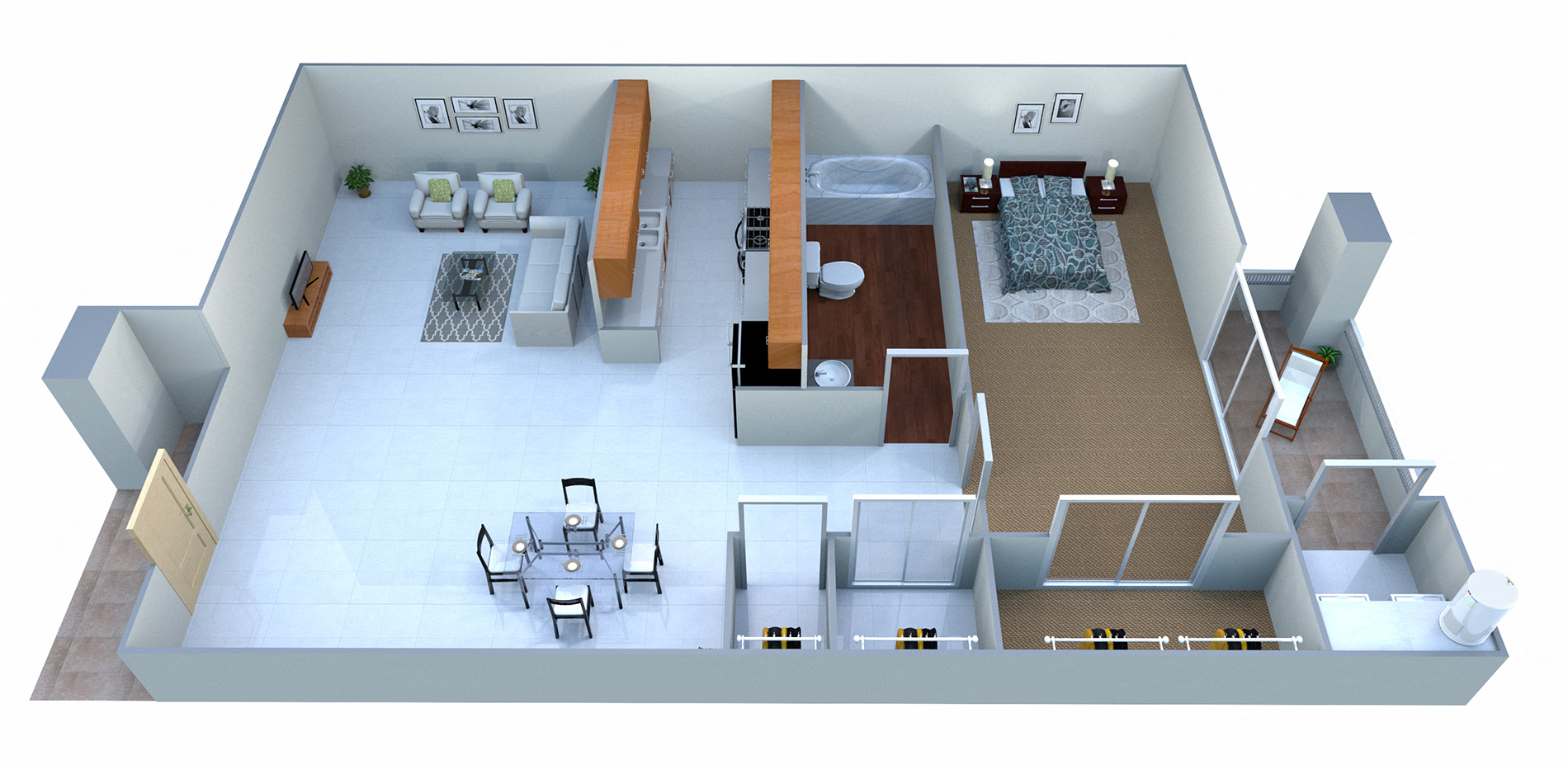 Floor plan for 1 bed, 1 bath, 616 sqft