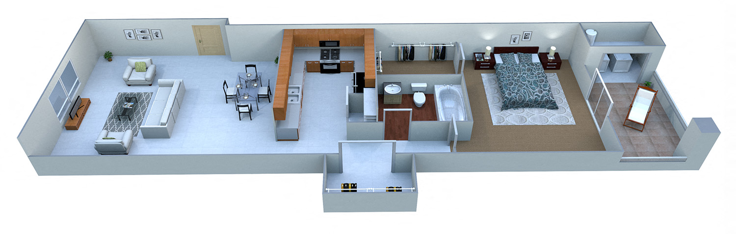 Floor plan for 1 bed, 1 bath, 616 sqft
