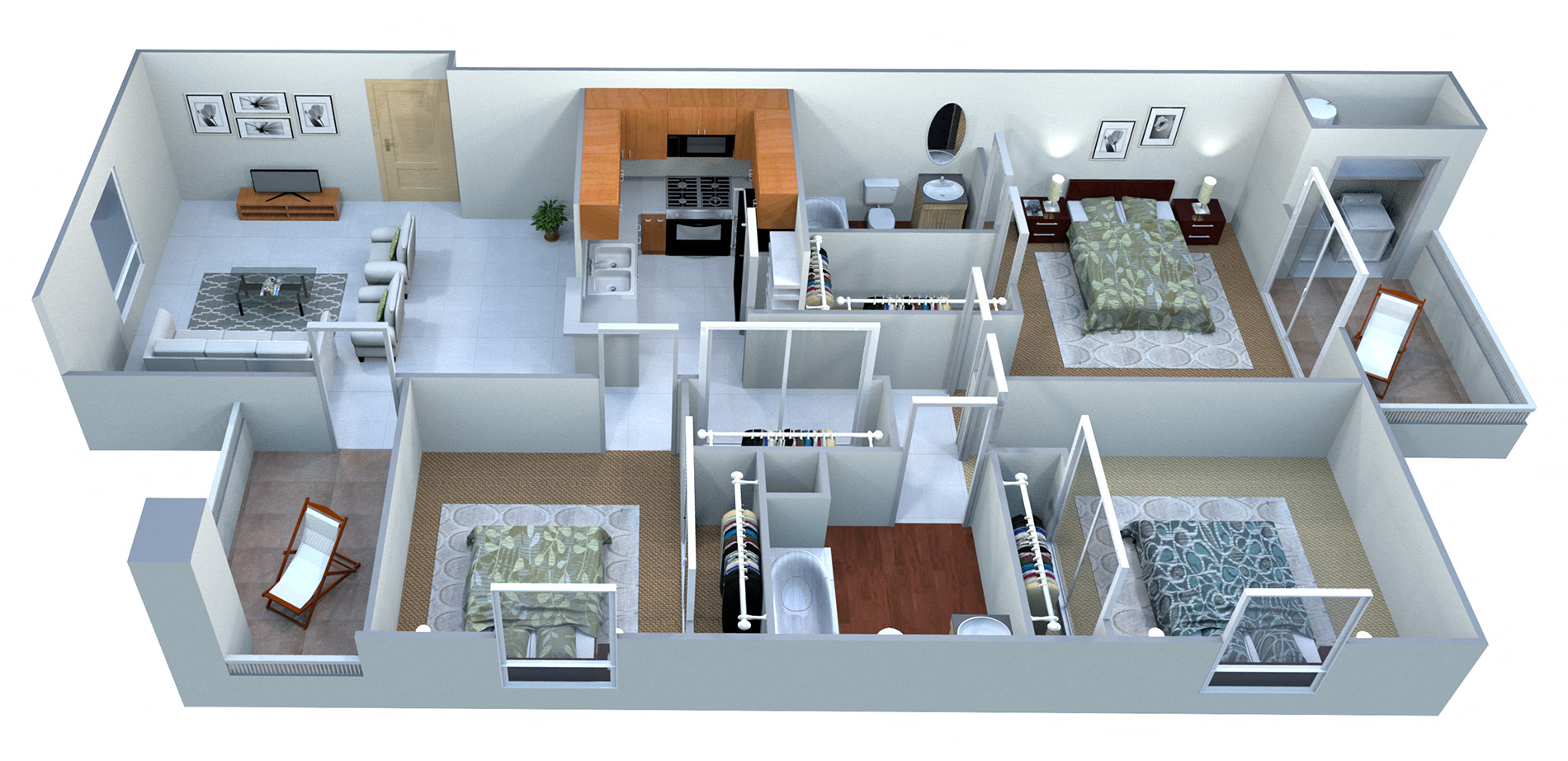 Floor plan for 3 beds, 2 baths, 1060 sqft