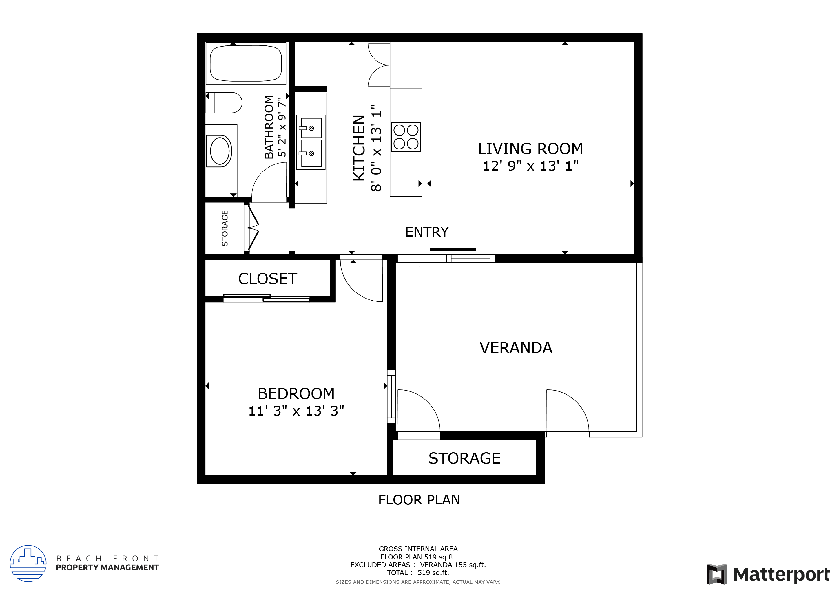 Floor plan for 1 bed, 1 bath