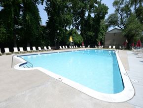 Baltimore apartment for rent - A large outdoor swimming pool surrounded by trees and lounge chairs.