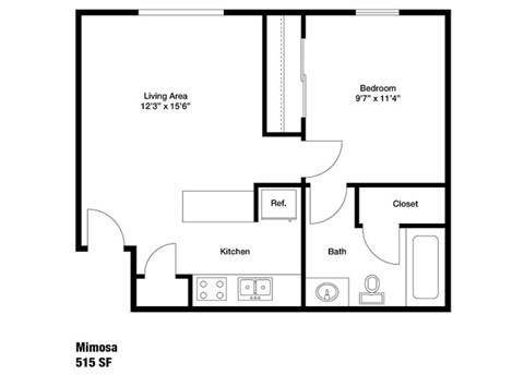 Floor plan for 1 bed, 1 bath, 515 sqft