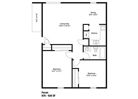 Floor plan for 2 beds, 1 bath, 876 sqft