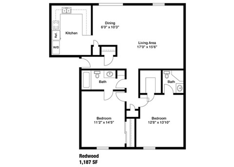 Floor plan for 2 beds, 2 baths, 1187 sqft