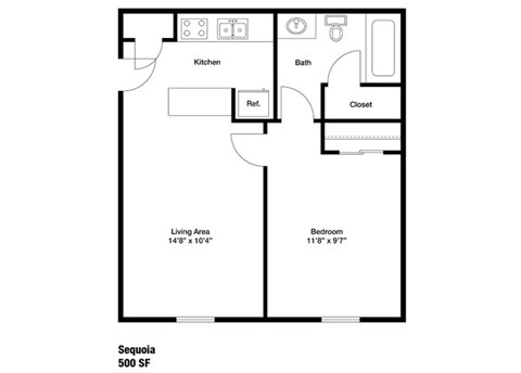 Floor plan for 1 bed, 1 bath, 500 sqft