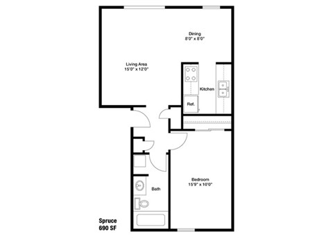 Floor plan for 1 bed, 1 bath, 690 sqft
