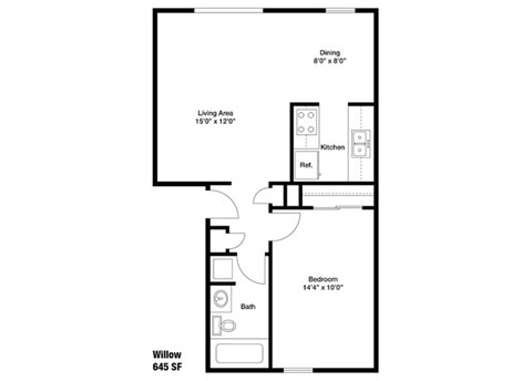 Floor plan for 1 bed, 1 bath, 645 sqft