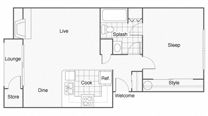 Floor plan for 1 bed, 1 bath, 660 sqft