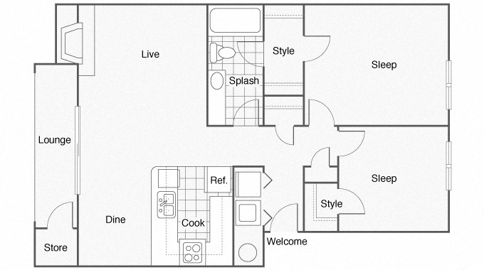 Floor plan for 2 beds, 1 bath, 840 sqft