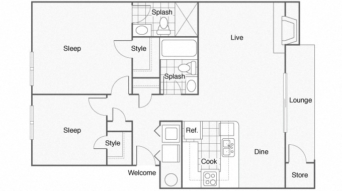Floor plan for 2 beds, 2 baths, 876 sqft