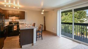 Lynnwood apartment for rent - a kitchen with a large sliding glass door to a balcony