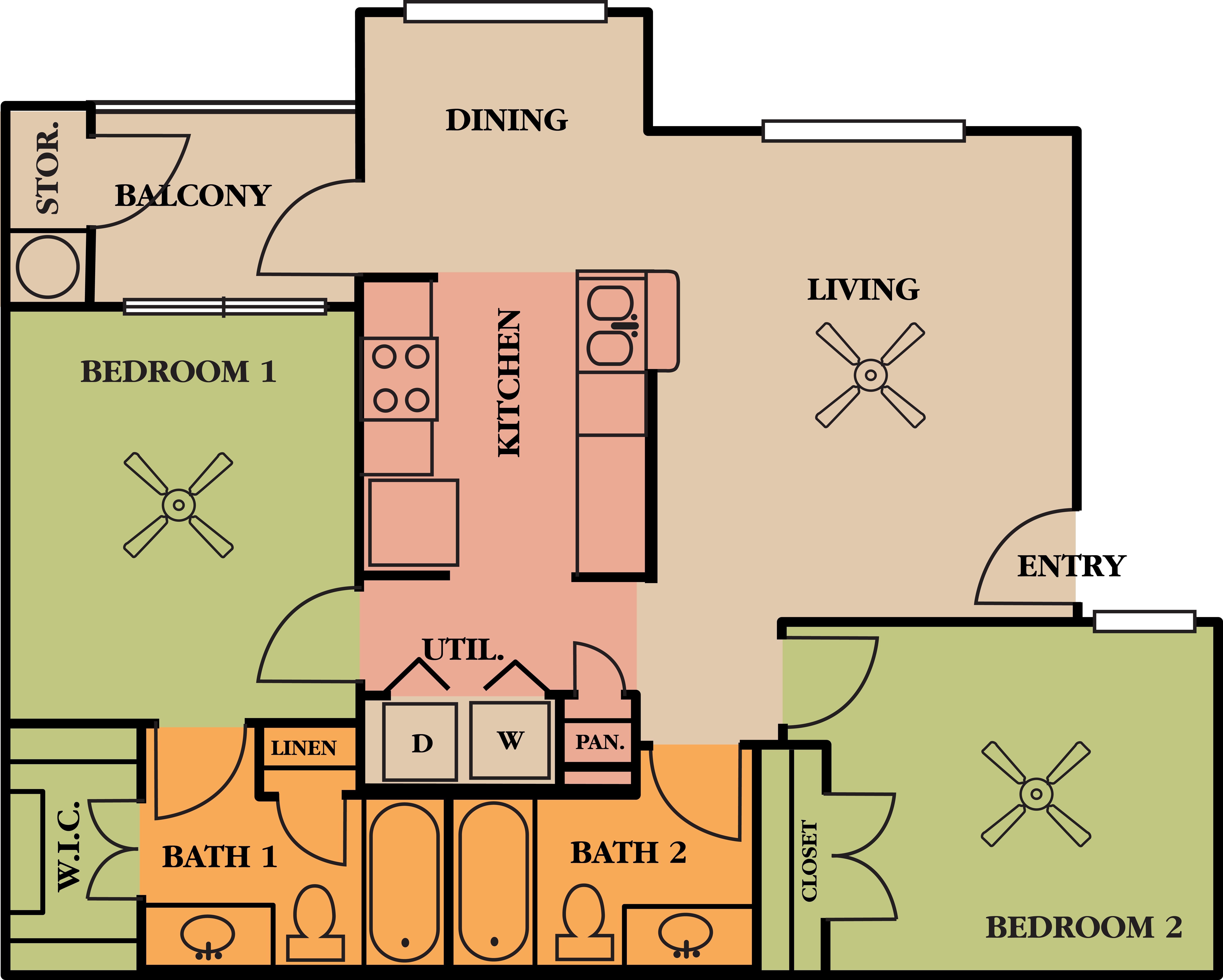 Floor plan for 2 beds, 2 baths, 954 sqft