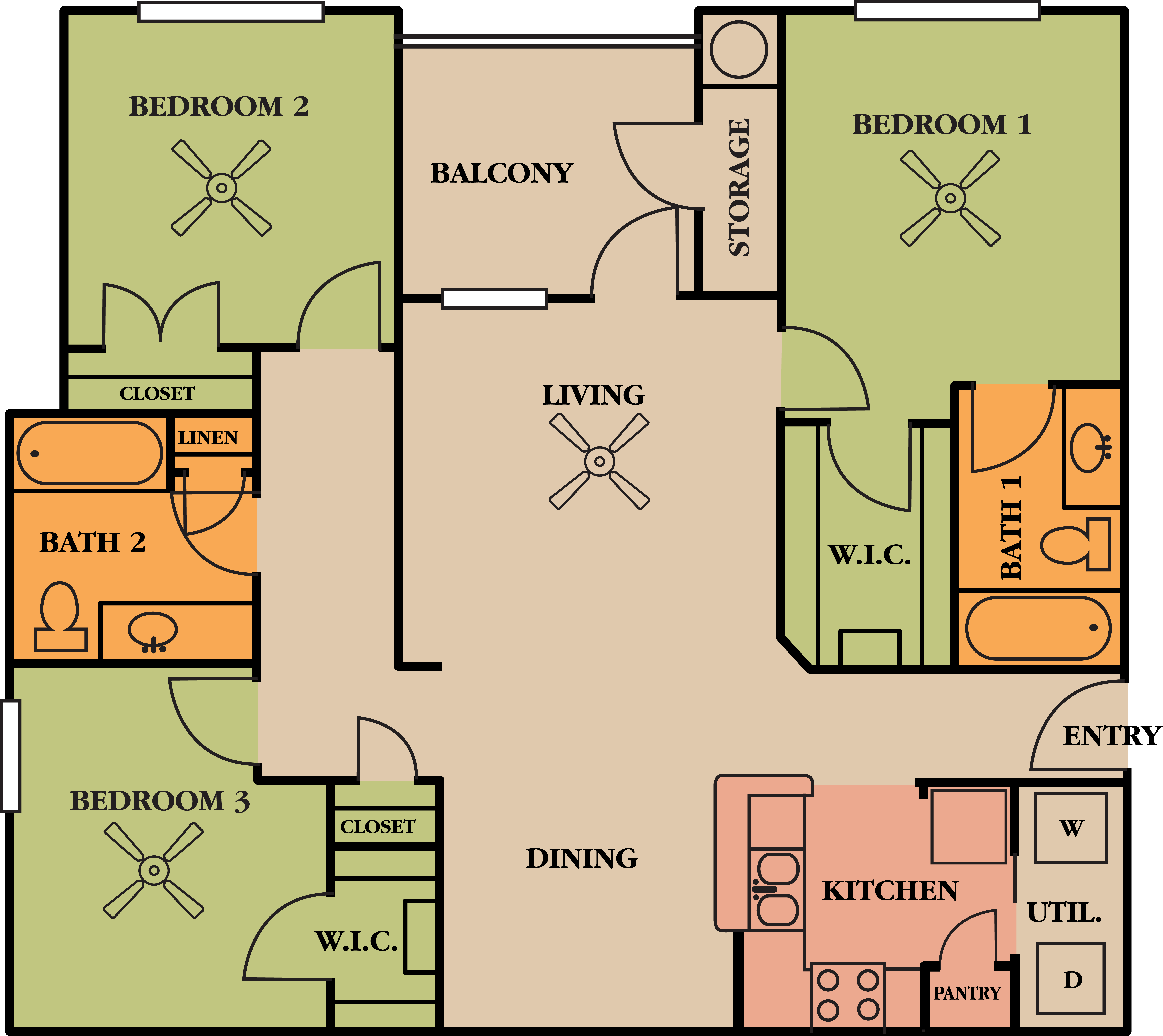 Floor plan for 3 beds, 1239 sqft
