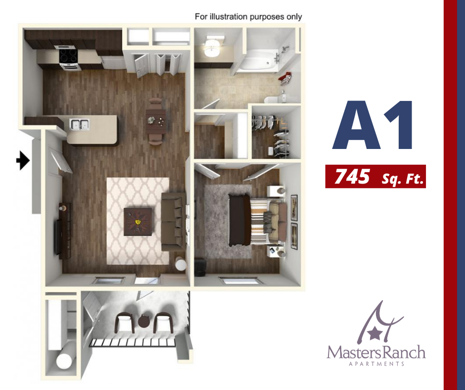 Floor plan for 1 bed, 1 bath, 745 sqft