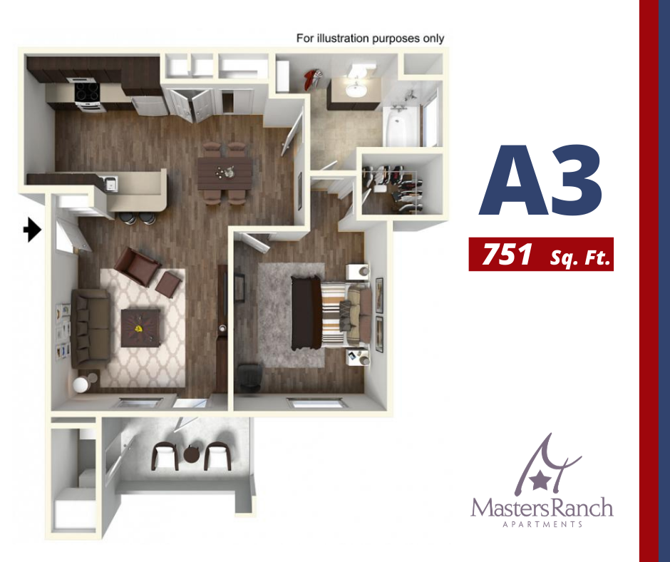 Floor plan for 1 bed, 1 bath, 751 sqft
