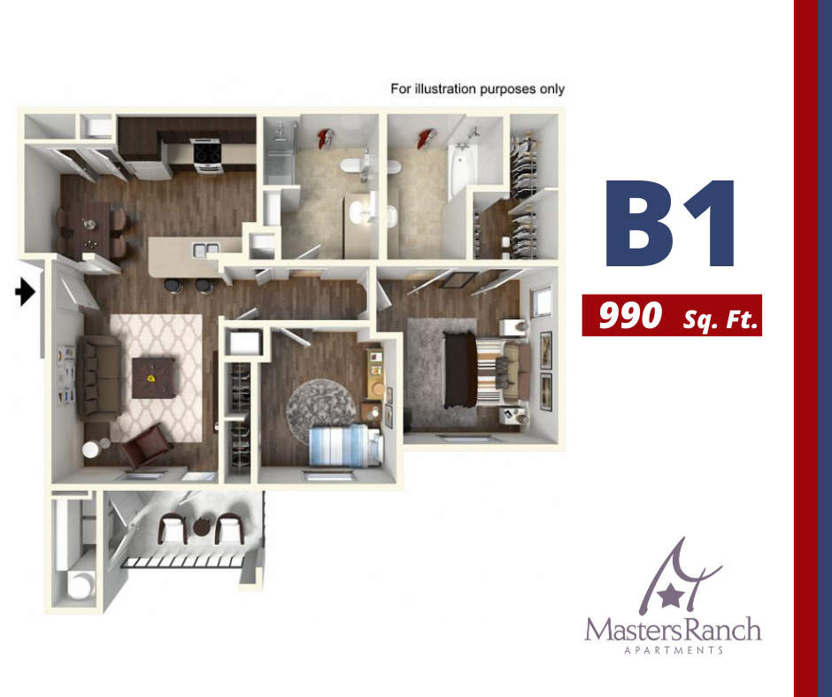 Floor plan for 2 beds, 2 baths, 990 sqft