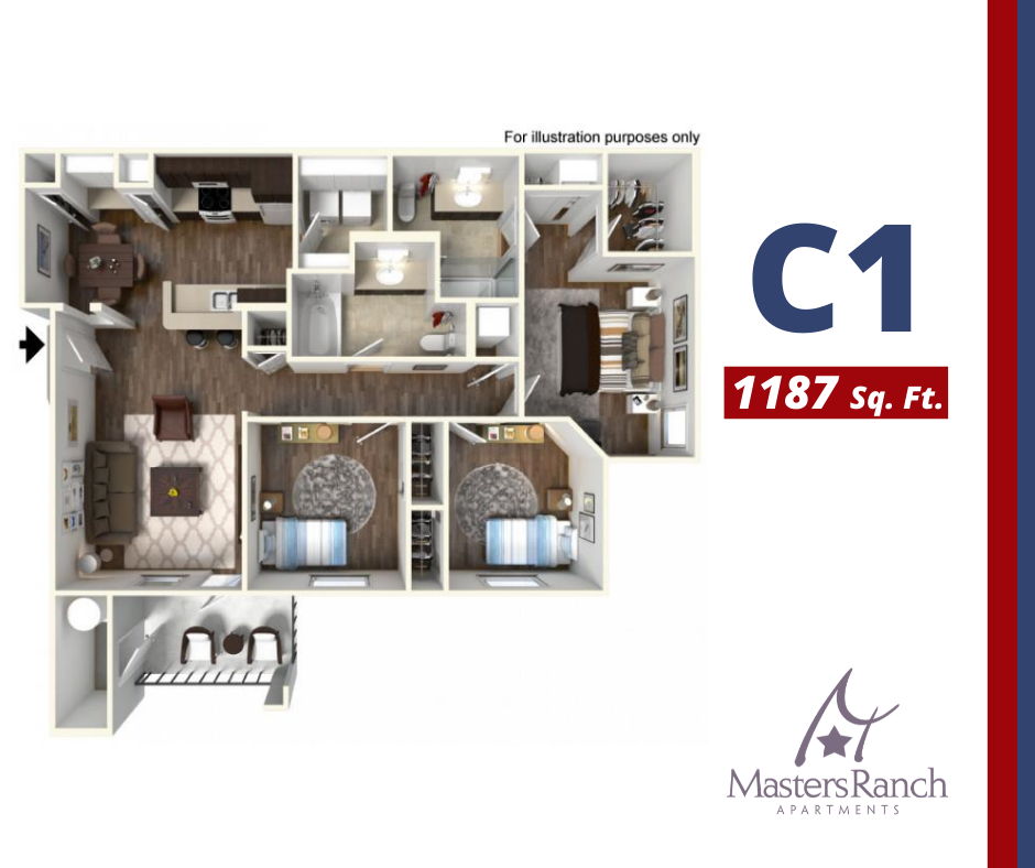 Floor plan for 3 beds, 2 baths, 1187 sqft